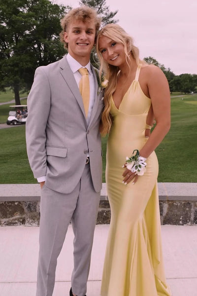 Chic Mermaid Deep V Neck Yellow Satin Prom Dress DM24122605