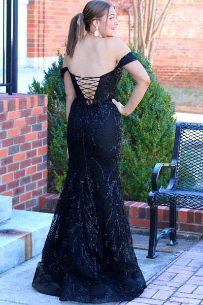 Glitter Mermaid Off the Shoulder Black Sequins Appliques Long Prom Dress MD4022701