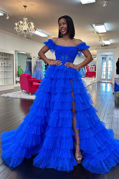 Royal Blue Off the Shoulder Ruffle Tiered Tulle Long Prom Dresses MD4013101