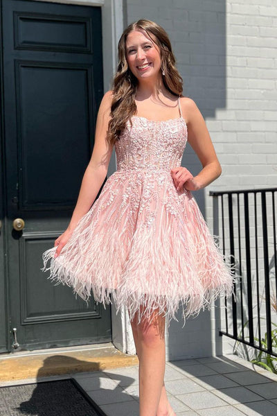 A-Line Spaghetti Straps Peach Appliques Short Homecoming Dress MD4051902