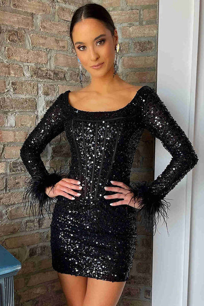 Black Boat Neck Sequin Feather Long Sleeve Sheath Short Homecoming Dress MD091108