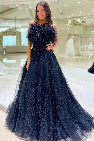 Strapless Navy Blue Feathers A-Line Prom Gown MD110303