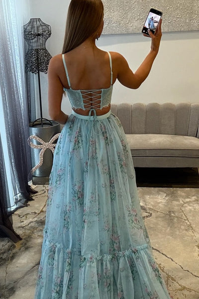 Chic Two Piece Sweetheart Floral Print Tulle Prom Dress DM16021004