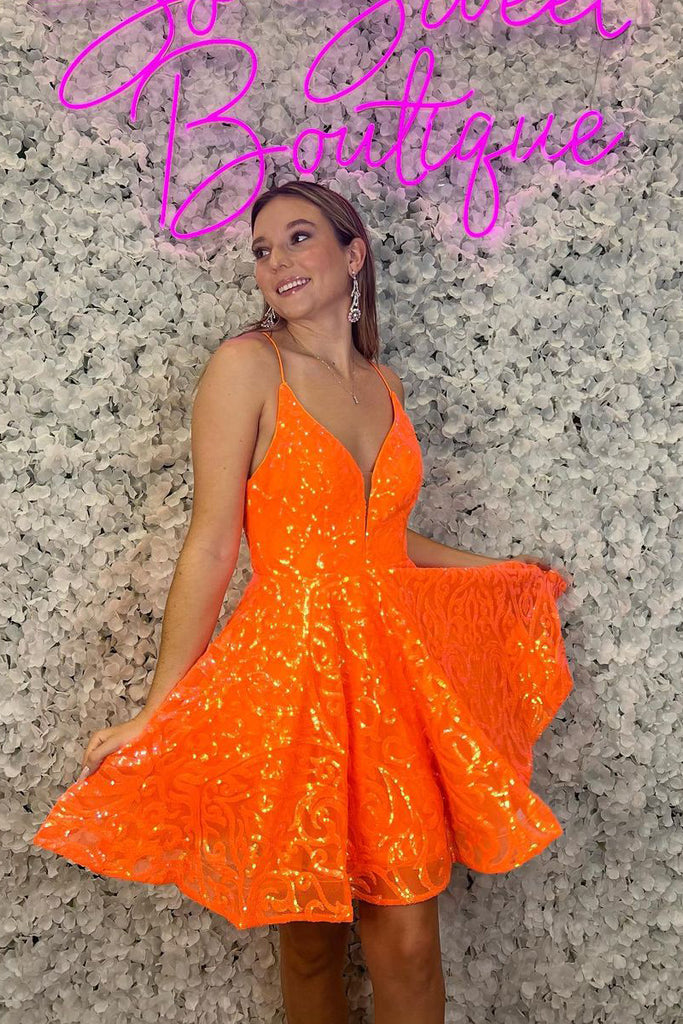 Cute A Line V Neck Orange Lace Sequins Short Homecoming Dress with Pockets MD090205 Dressmeet Cute A Line V Neck Orange Lace Sequins Short Homecoming Dress with Pockets MD090205 Dressmeet