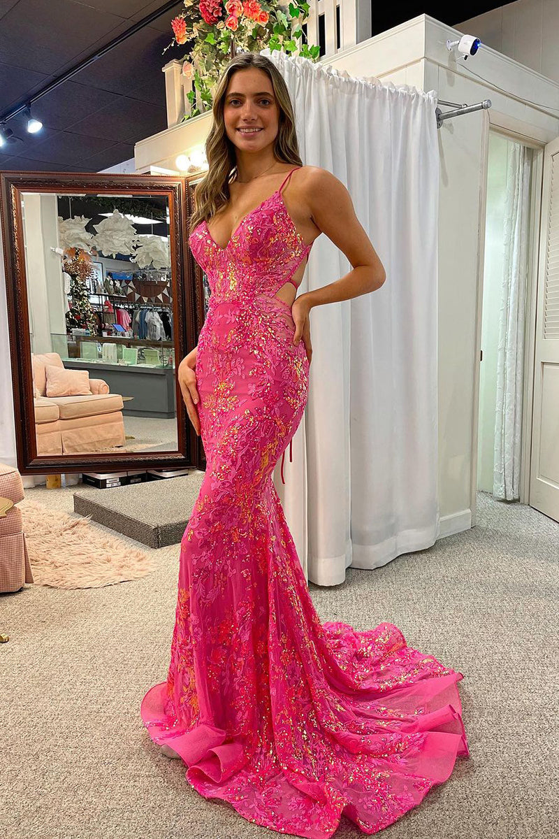 Fuchsia V Neck Sequin Lace Backless Mermaid Long Prom Dress MD4010909