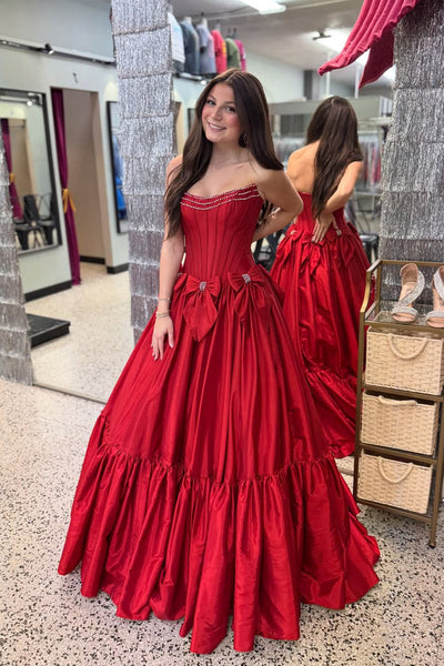 Ball Gown Scoop Neck Red Satin Prom Dress with Bow DM52122207