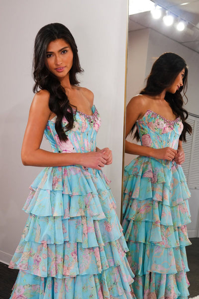 Strapless Beads Floral Print Ruffle Tiered Long Prom Dresses with Slit DM16021503