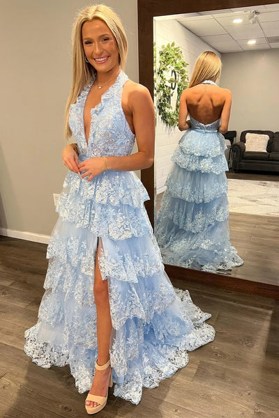 A-Line Halter Light Blue Tiered Tulle Long Prom Dresses with Appliques MD120803