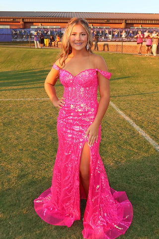 Charming Mermaid Off the Shoulder Hot Pink Sequins Long Prom Dresses with Slit MD100307