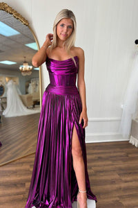 A-Line Strapless Long Pleated Prom Dresses with Slit MD4010804