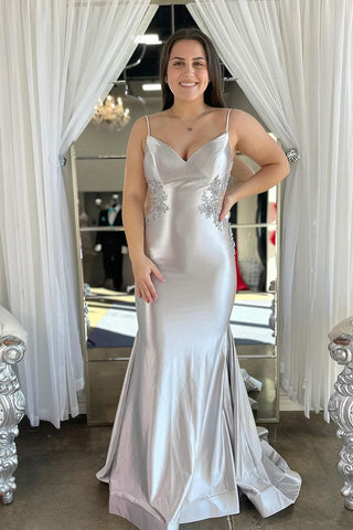 Silver V Neck Satin Mermaid Long Prom Dresses MD4011604