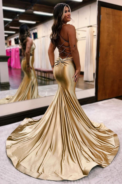 Gold V Neck Mermaid Long Prom Dress with Cutout MD120605