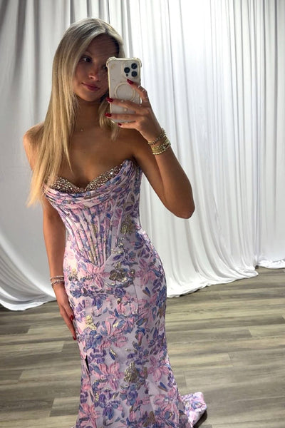 Gorgeous Mermaid Lavender Jacquard Satin Prom Dress with Beading DM521203010