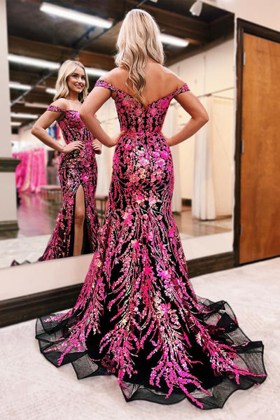 Mermaid Off the Shoulder Black Fuchsia Sequins Appliques Prom Dress with Slit MD4030404