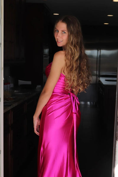 Chic Sheath Strapless Hot Pink Silk Satin Prom Dress DM24122602