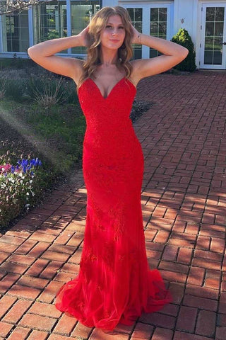 Red Applique V-Neck Lace-Up Mermaid Long Prom Dress with Slit MD110104