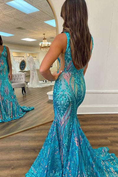 Blue Straps V-Neck Sequins Sleeveless Mermaid Long Prom Dress DM25102803