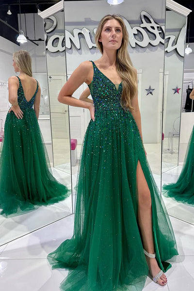 Dark Green V Neck Tulle Long Prom Dresses with Slit MD120905