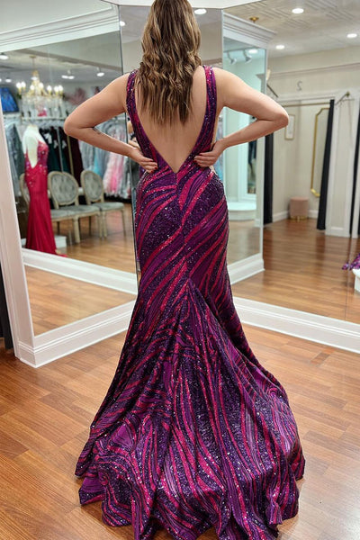 Sparkly Mermaid V Neck Purple Sequins Long Prom Dress MD4010203