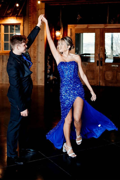 Strapless Royal Blue Sequins Mermaid Long Prom Dress with Slit MD4040104