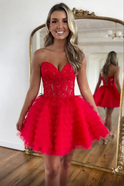 Cute A-Line Sweetheart Red Tiered Tulle Short Homecoming Dresses with Appliques VK081605