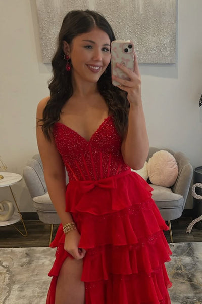A-Line Red Ruffle Tiered Chiffon Corset Long Prom Dress with Slit DM16022202