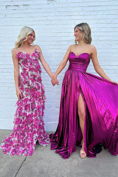 Pink Floral Printed Ruffle Mermaid Long Prom Dresses MD4030901