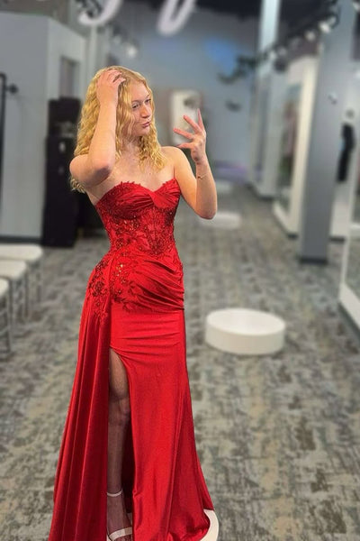 Cute Mermaid Sweetheart Red Slit Prom Dresses with Appliques DM120601