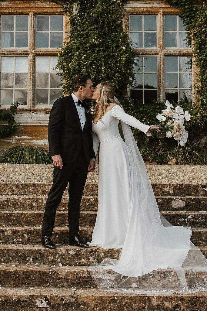 Elegant Sheath Off the Shoulder Elastic Satin Wedding Dresses with Long Sleeves DM090604 Dressmeet Elegant Sheath Off the Shoulder Elastic Satin Wedding Dresses with Long Sleeves DM090604 Dressmeet