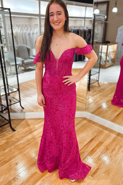 Magenta Off the Shoulder Lace Mermaid Long Prom Dress MD122804