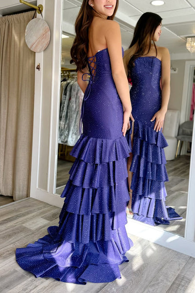 Sparkly Mermaid Strapless Purple Hot Fix Satin Prom Dress with Slit DM16021104