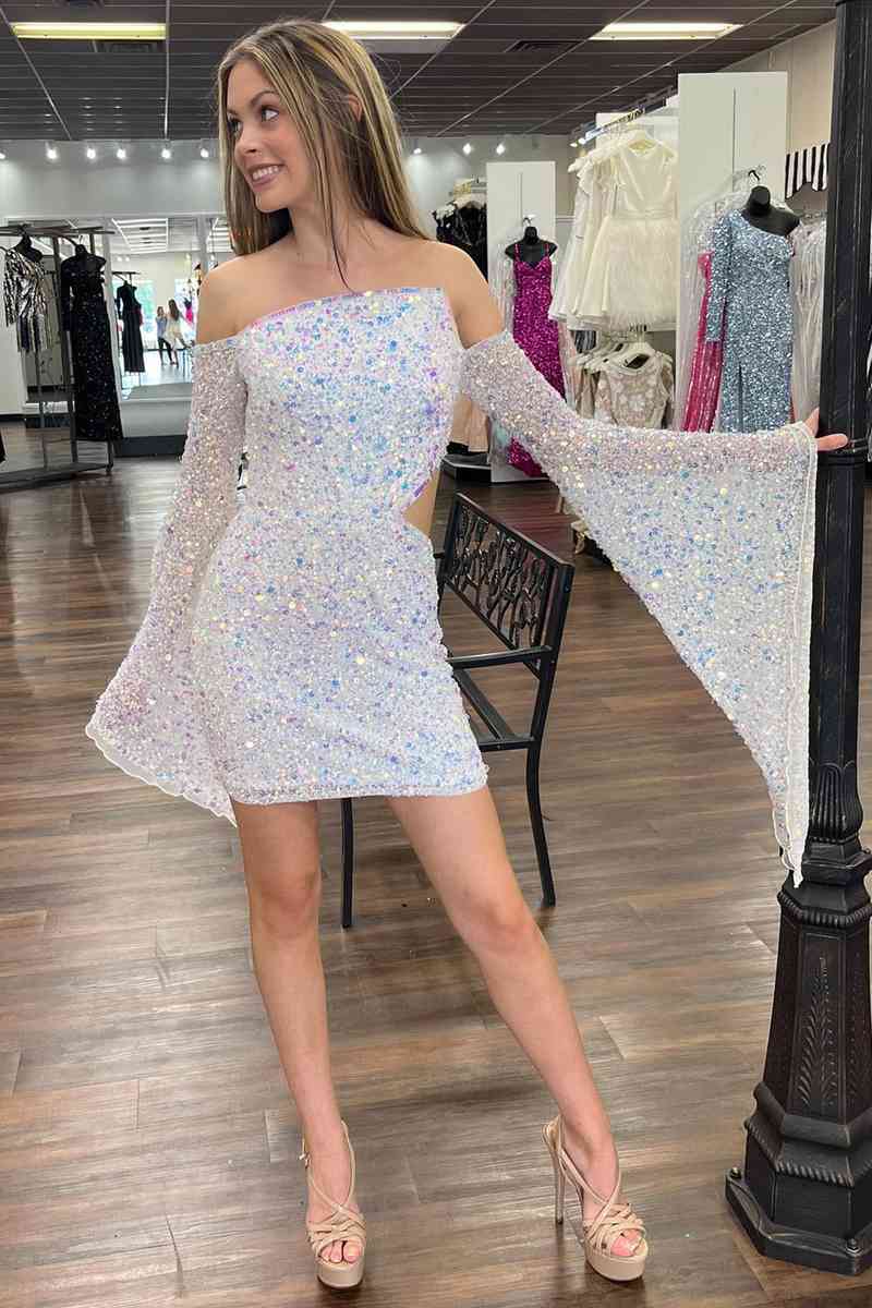 White Short Homecoming Dress Long Puff Sleeves Fitted Sequins Prom Dress MD091502