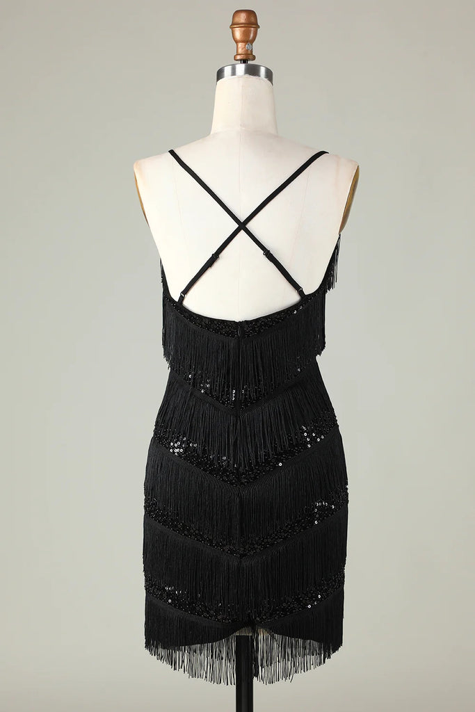 Sparkly Black Sequins Beaded Tight Short Homecoming Dress with Fringes MD091708 Dressmeet Sparkly Black Sequins Beaded Tight Short Homecoming Dress with Fringes MD091708 Dressmeet