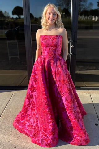 Cute A Line Strapless Red Jacquard Satin Prom Dress DM120605