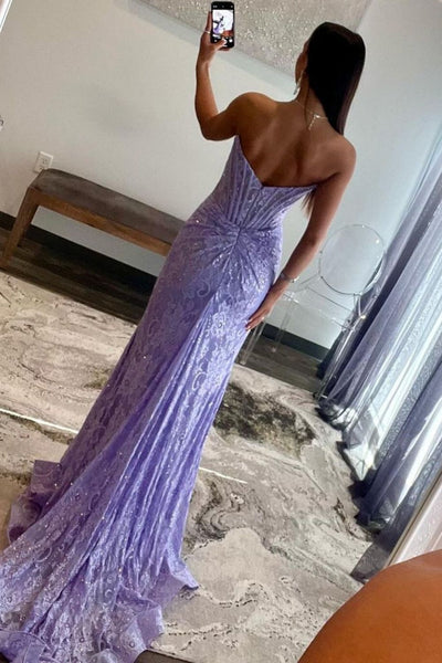 Sexy Mermaid Strapless Lilac Lace Prom Dress with Slit DM4063006