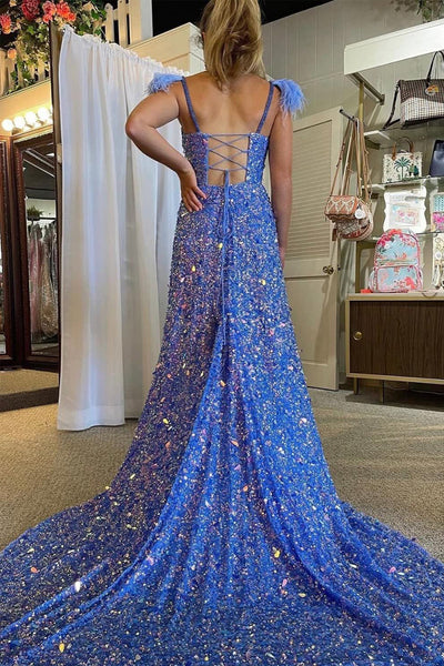 A-Line V Neck Spaghetti Straps Blue Sequins Long Prom Dress with Slit MD4050701