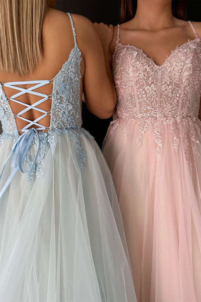 Blue Tulle V Neck A-Line Prom Dress with Appliques MD113005