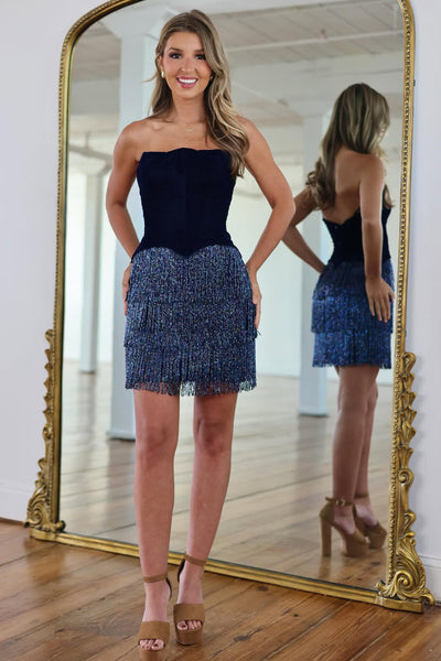 Unqiue Strapless Navy Short Homecoming Dress with Beading DM12062810