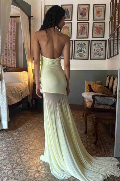 Unqiue Yellow Strapless Pleats See-through Sleeveless Long Prom Dress DM25101703