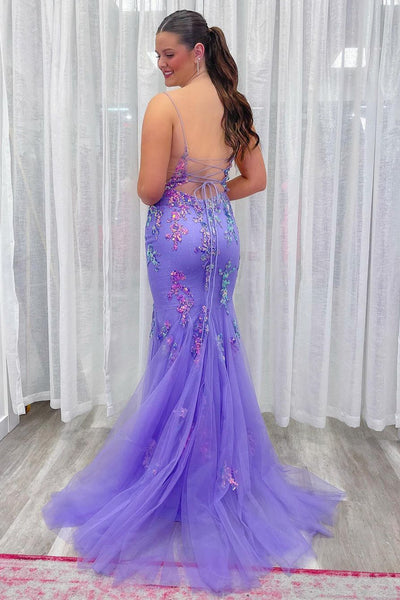 Mermaid Scoop Neck Lavender Sequins Appliques Long Prom Dress MD4030504