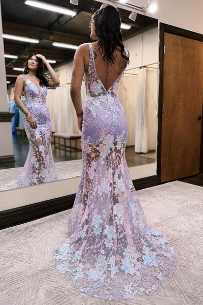 Lavender Mermaid V Neck Sequin Lace Long Prom Dresses DM091202