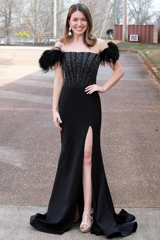 Black Strapless Beaded Mermaid Long Prom Dress with Feather MD4022702
