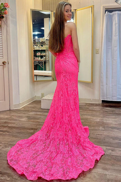 Fuchsia Strapless Lace Mermaid Long Prom Dresses with Slit MD4012202