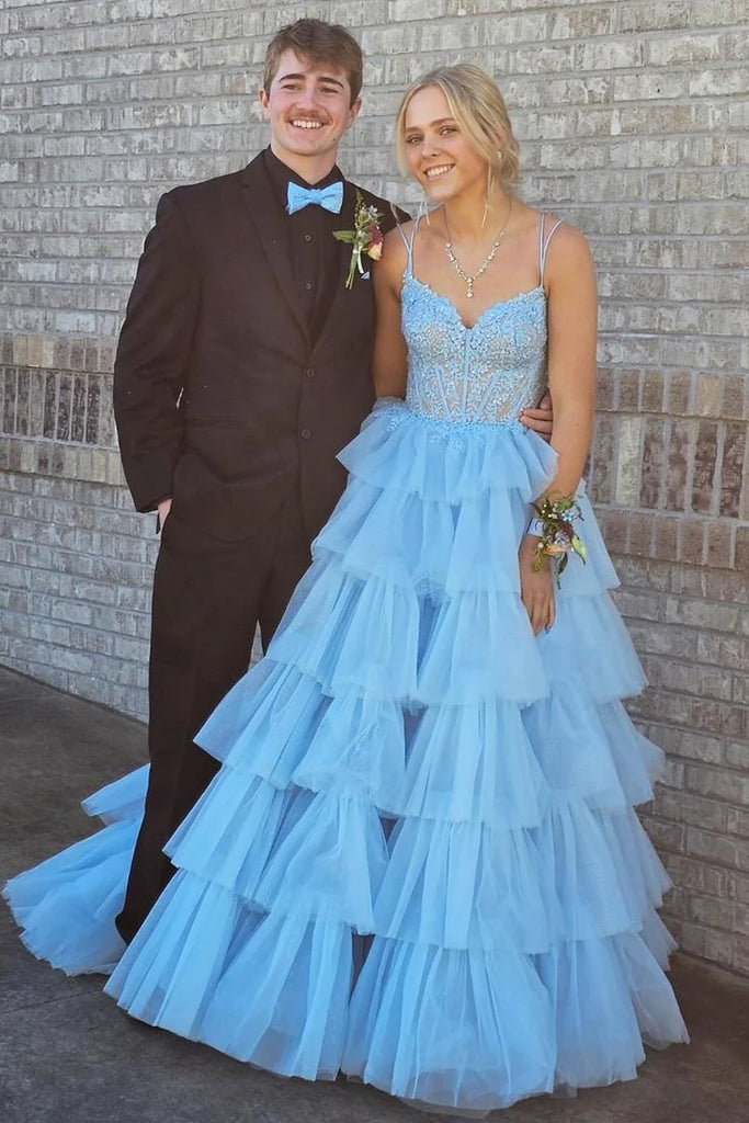 Cute A Line V Neck Red Tiered Tulle Long Prom Dresses with Appliques DM24101905 Dressmeet Cute A Line V Neck Red Tiered Tulle Long Prom Dresses with Appliques DM24101905 Dressmeet