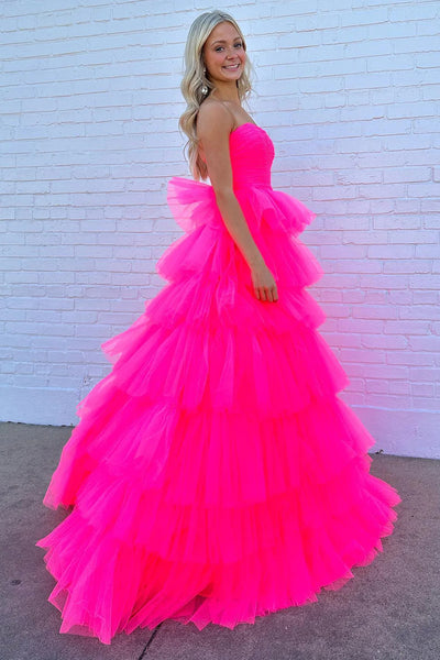 Hot Pink A-Line Strapless Tiered Tulle Long Prom Dress DM3082832