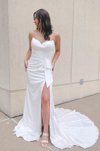 Simple Mermaid Strapless White Satin Wedding Dresses MD4011504