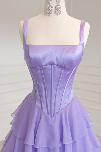 Cute A Line Square Neck Lavender Chiffon Tiered Prom Dress DM26011301