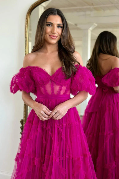 A Line Off the Shoulder Fuchsia Tulle Corset Prom Dress with Bowknot DM3082802