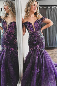 Grape Off the Shoulder Sequin Lace Mermaid Long Prom Dress MD121406