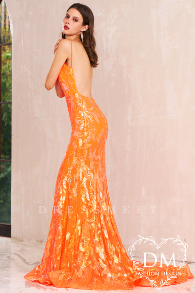 Orange Sequins Lace V Neck Mermaid Long Prom Dress MD122402